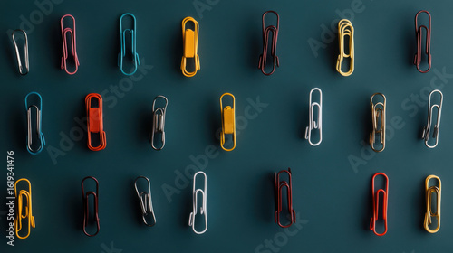 Colorful paperclips arranged in grid pattern on dark teal background create vibrant and organized display. variety of colors adds playful and creative touch to office supplies
