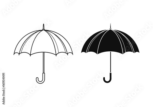 Vector art of two umbrellas, one outline and one silhouette, isolated on white background