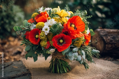 A wild yet elegant composition of wild poppies, soft yellow daisies, and vibrant green ivy, combined with sprigs of rosemary and fresh eucalyptus.