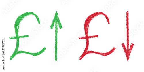 Hand drawn british pound currency symbol Growth and fall profit with arrow up and down Brush stroke doodle Element for design