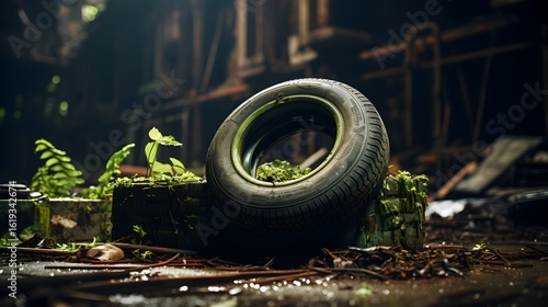 An old tire with green moss, a symbol of urban decay and nature's perseverance.