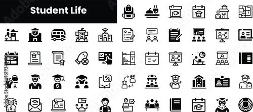 A collection of black and white icons representing various aspects of student life, featuring education, organization, and community activities.