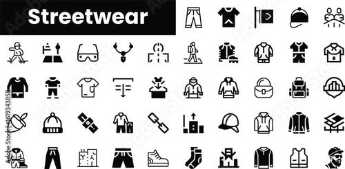 A dynamic collection of streetwear icons including apparel, accessories, and footwear, showcasing a modern urban style in a minimalist black and white design.