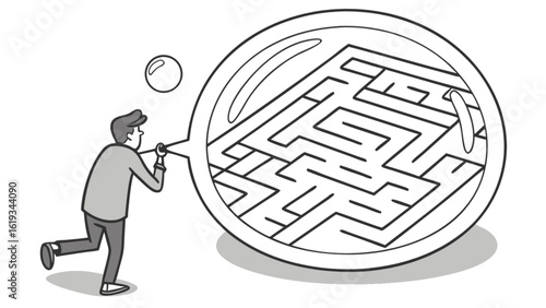 Man looking at a maze through a magnifying glass illustration isolated on white background, symbolizing problemsolving, strategy, and the search for solutions in a complex business environment