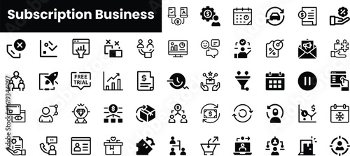 A diverse collection of black icons representing various aspects of subscription business concepts, including trial offers, customer support, and metrics analysis.