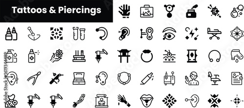 A stylish collection of tattoo and piercing icons featuring various tools, symbols, and designs, perfect for conveying the art of body modification or personal expression.