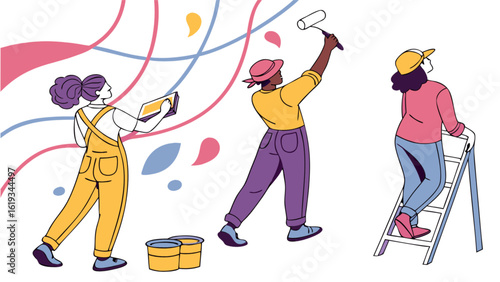 A team of painters renovating a wall with rollers and brushes, using a ladder to reach higher spots, creating an abstract and colorful pattern, isolated on white background