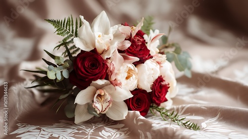 An elegant arrangement of deep red roses, ivory orchids, and pale pink peonies, surrounded by fresh eucalyptus and ferns.