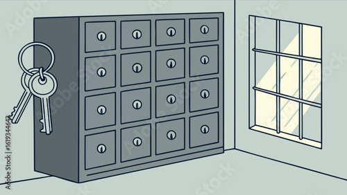 A vintage safe box with keys hanging near the window, casting a shadow on the wall, in a cartoon illustration style, depicting security, finance, and the protection of valuables