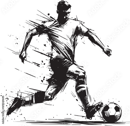  Stylized black-and-white artwork depicting a soccer player mid-strike, emphasizing speed and agility. The dynamic motion and fine details celebrate the sport of soccer