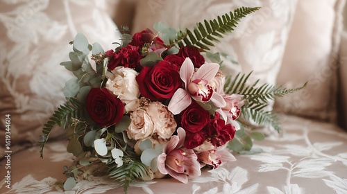 An elegant arrangement of deep red roses, ivory orchids, and pale pink peonies, surrounded by fresh eucalyptus and ferns.