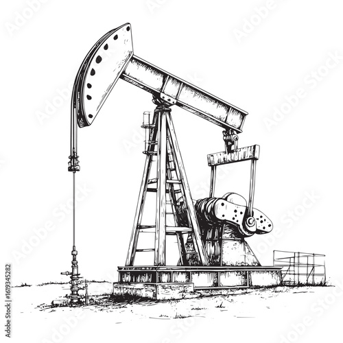 Rough monochromatic vector sketch of an oil pumpjack, emphasizing energy production and industry themes
