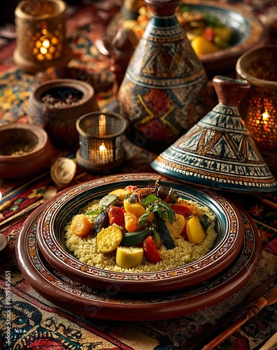 Moroccan Vegetable Couscous in Rustic Tagine Setting