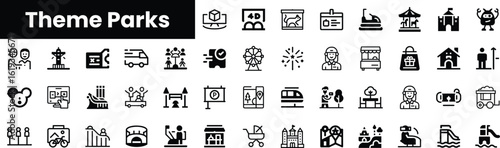 A diverse collection of theme park icons highlighting attractions and experiences, showcasing family fun, rides, entertainment, and more in a playful black and white design.