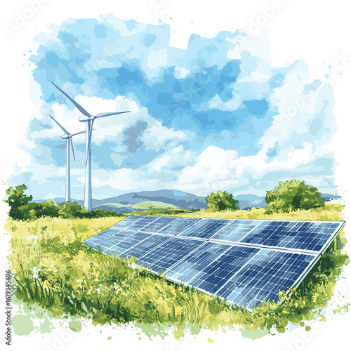 A watercolor-style illustration of solar panels and wind turbines in an open field, representing renewable energy sources harnessing wind and solar power