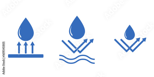 Flat water protection icons. Dropproof, waterproof, and corrosion-resistant vector signs. Weather shield symbols for product labels, textile tags, or outdoor equipment illustration.