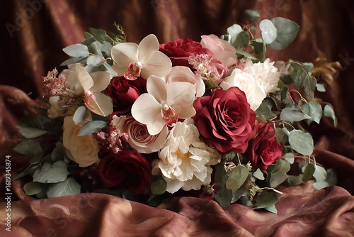 An elegant collection of deep red roses, cream-colored orchids, and soft pink peonies, highlighted by fresh green eucalyptus and trailing ivy.