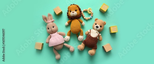 Knitted toys and wooden cub...