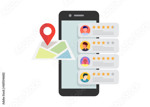 Rating and customer satisfaction concept. People giving stars and likes feedback and choosing satisfaction rating on smartphone. Stock illustration