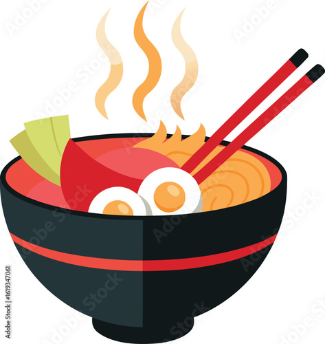 bowl of ramen with chopsticks steaming broth on transparent background