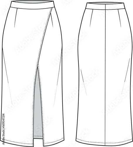 Flat vector illustration of women's midi pencil skirt with front slit detail, technical fashion CAD drawing, front and back views