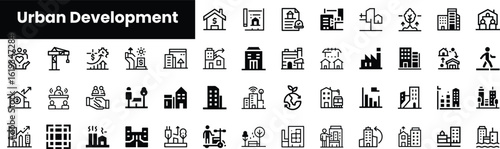 A diverse array of urban development icons representing various industries including construction, architecture, and community planning in a sleek, modern design.