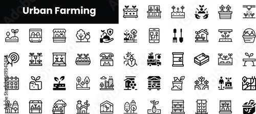 A diverse collection of urban farming icons representing various aspects of sustainable gardening and food production. Ideal for eco-friendly designs and infographics.