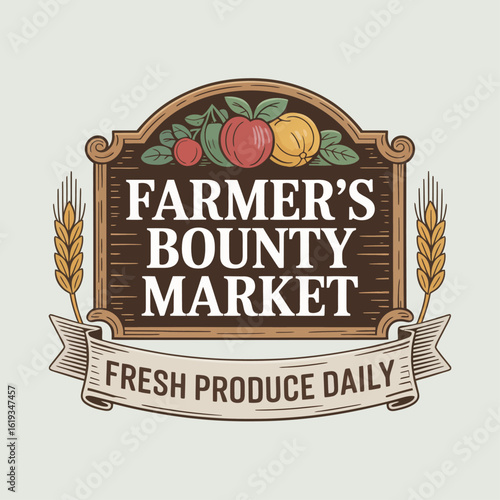 Illustrated logo for a Farmer's Bounty Market featuring fruits, wheat, and a banner promoting fresh produce daily.