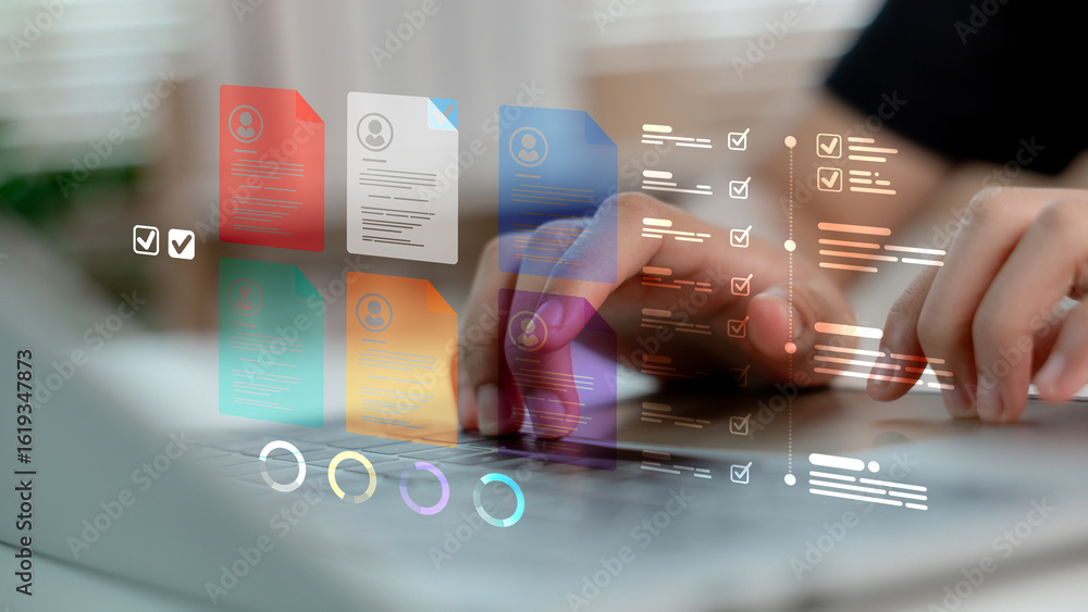 © CL STOCK - Hands typing on laptop with floating digital documents and checklist icons. Concept of online resume screening, recruitment process, task management, HR technology, and document workflow system. © CL STOCK - Hands typing on laptop with floating digital documents and checklist icons. Concept of online resume screening, recruitment process, task management, HR technology, and document workflow system.