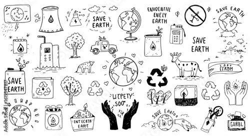 Hand-drawn doodle collection of environmental conservation themes: Earth, nature, renewable energy, recycling, and sustainability. Black and white sketches for eco-friendly concepts.