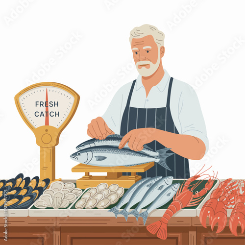 Illustration of a fishmonger weighing fresh fish on a scale at his stall, surrounded by mussels, oysters, and lobsters.