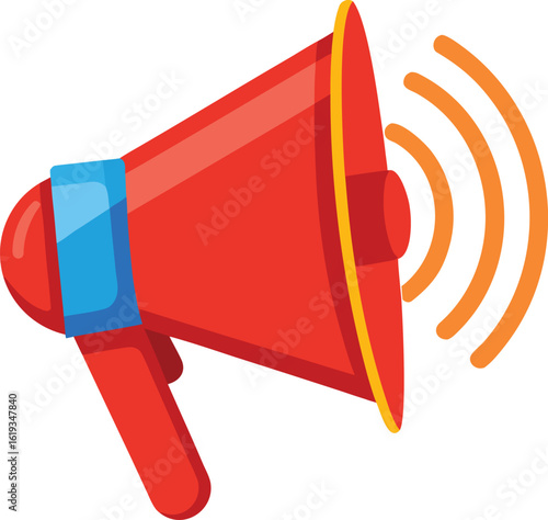 red megaphone emitting sound waves on transparent background