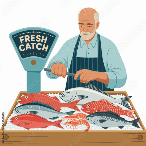 An elderly fishmonger in an apron weighs fresh fish on a vintage scale next to a wooden crate filled with ice and various fish.