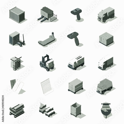 A set of modern industry-themed vector icons, covering manufacturing, logistics, machinery, production, energy, and factory technology