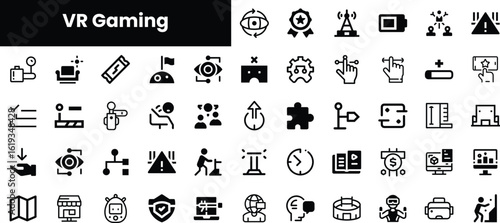 A collection of monochromatic icons representing various elements of VR gaming, including equipment, gameplay mechanics, and user interactions.