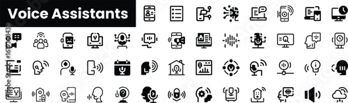 A diverse collection of voice assistant icons in a minimalist black and white style, illustrating various functionalities and features associated with voice technology.