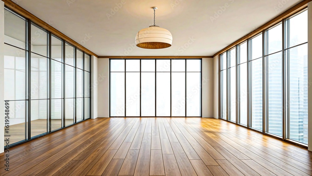 Fototapeta premium Empty modern room with large glass windows and wooden floor in high rise building 