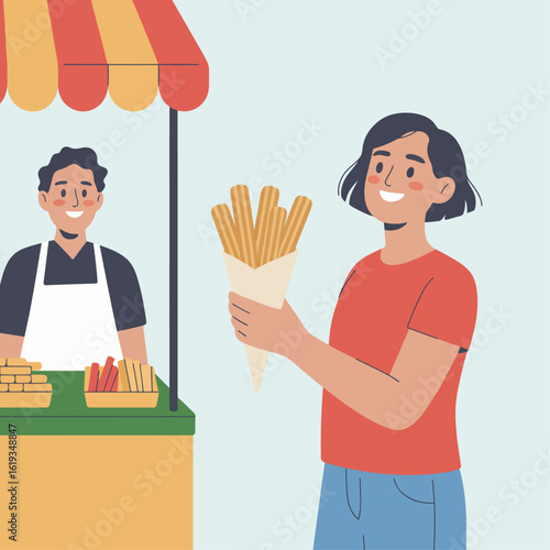 A smiling woman buys churros from a vendor at a food stall with a striped awning.