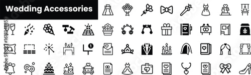 A stylish collection of wedding accessories icons, perfect for wedding planning and invitations, showcasing elements like flowers, cakes, and dresses in a minimalist design.