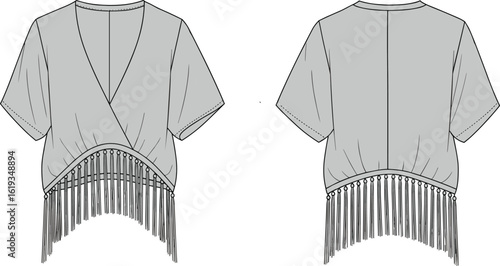 Fringe detail crop top fashion cad, front and back views, flat technical sketch, boho blouse vector illustration, short sleeve shirt