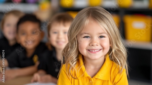 Wallpaper Mural A smiling young girl in a yellow shirt sits in a classroom with three blurred children in the background, creating a warm and friendly learning environment. Torontodigital.ca
