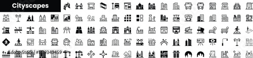 A diverse collection of cityscape icons, featuring buildings, transportation, and urban elements in a minimalist black and white design, perfect for various projects.