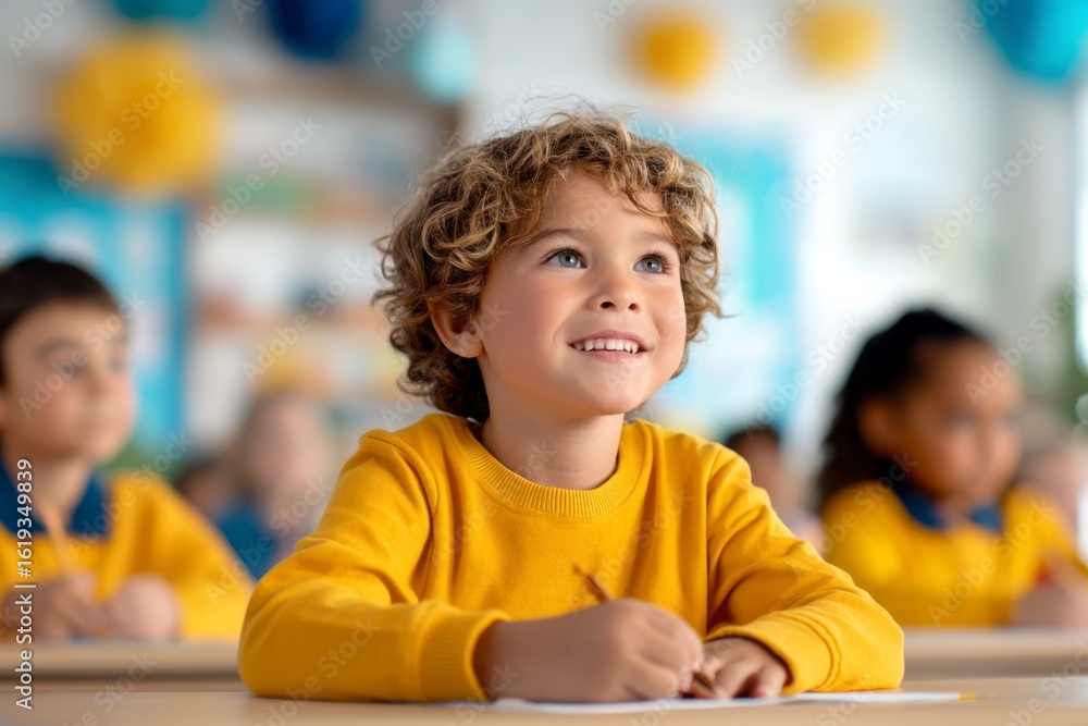 A young boy in a yellow sweater smiles attentively while sitting at a classroom desk, surrounded by other children focused on their work. A young boy in a yellow sweater smiles attentively while sitting at a classroom desk, surrounded by other children focused on their work.