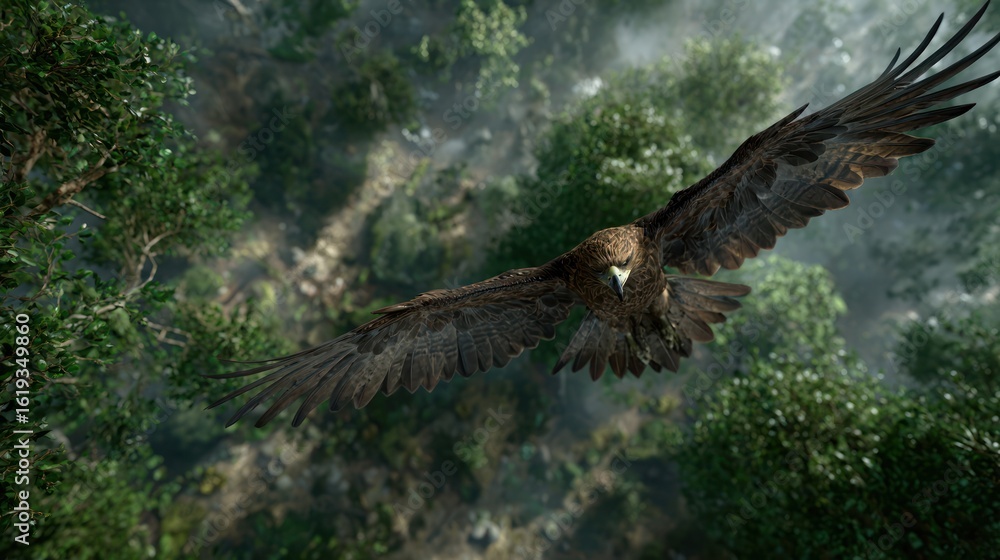 Obraz premium Eagle soars over a dense forest canopy, wings spread, looking down with sharp focus