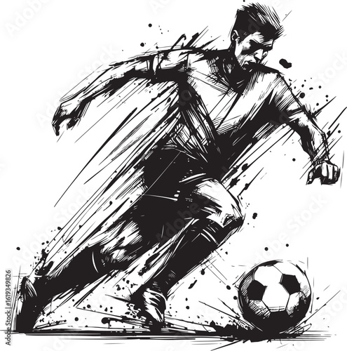  Black and white artistic sketch of a soccer player executing a powerful kick, showing movement and energy, ideal for sports, art, and action-themed projects.
