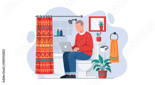 Illustration of a person working on a laptop while sitting on a toilet in a bathroom. Perfect for articles about work-life balance or remote work challenges.