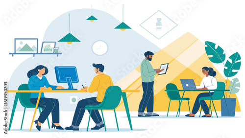 Diverse team collaborating in a modern office setting, perfect for website banners or brochures.