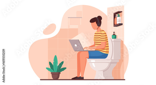 Person working on laptop while sitting on toilet - humorous illustration for social media or blog.