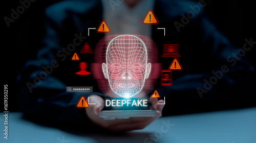Warning concept of deepfake technology and facial recognition misuse, showing cybersecurity threats, digital identity fraud, and the risks of AI-generated face manipulation in online systems.