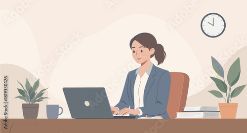 Businesswoman working on laptop in modern office - perfect for website banners, brochures, or presentations.